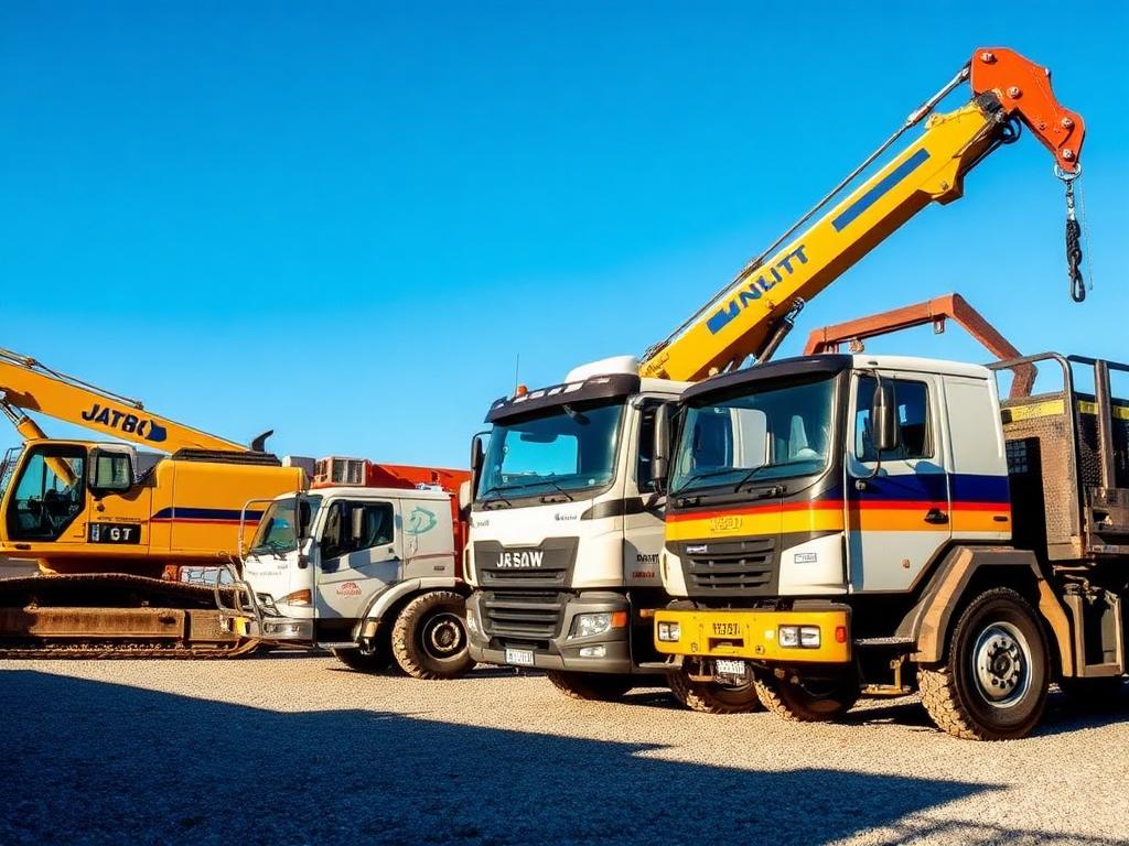 Fleet of specialised Kwik Lift plant — excavator, crane truck and tilt tray — parked in a Queensland depot yard